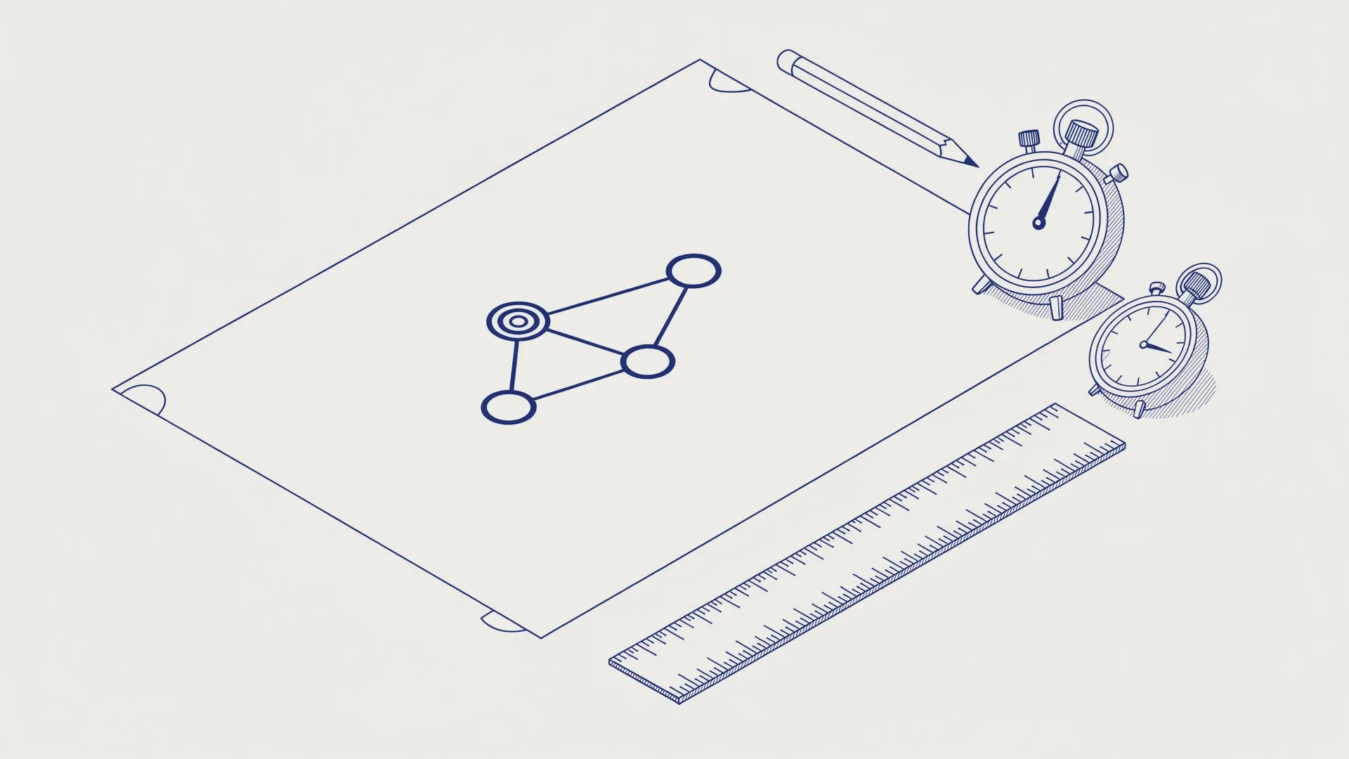 Disegno tecnico: un foglio con una piccola mappa di quattro nodi collegati, uno cerchiato. Accanto, due cronometri, un righello e una matita.