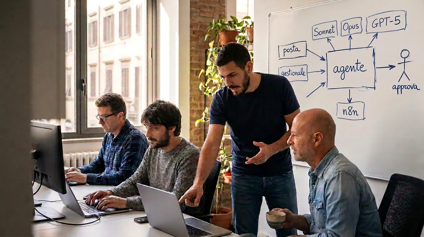 I colleghi di 3F al lavoro in ufficio, davanti a una lavagna kanban
