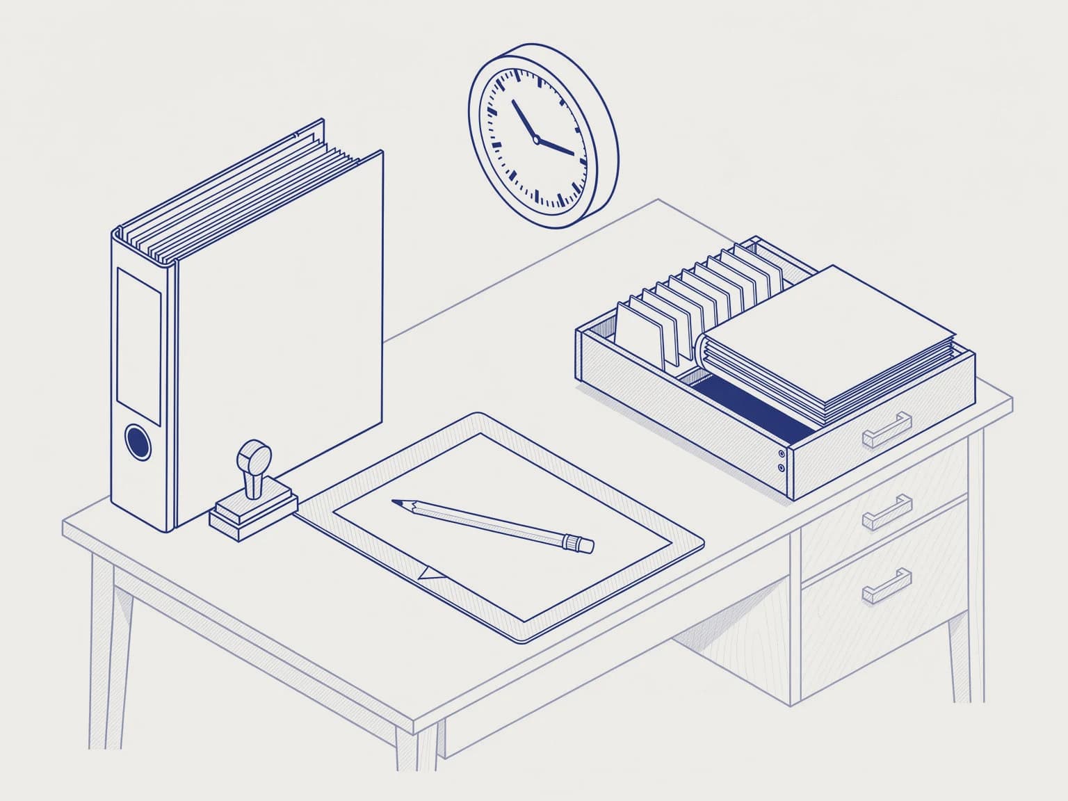 Disegno tecnico: una scrivania con un raccoglitore ad anelli, un foglio vuoto del preventivo in attesa, un timbro, uno schedario con le schede dei clienti e un orologio a parete.