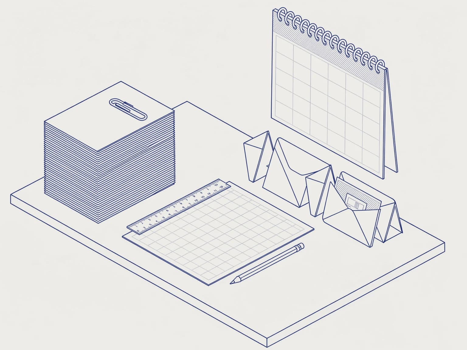 Disegno tecnico: una scrivania con una pila di fatture, un foglio a griglia con un righello, una fila di buste e un calendario con la prima riga tratteggiata.